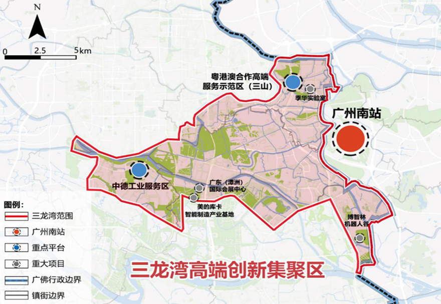總體規劃提出，三龍灣是佛山立足粵港澳大灣區的門戶樞紐，已逐漸顯現出創新要素集聚、產城融合發展的態勢，具備高起點規劃、高標準建設的基礎條件。圖為三龍灣規劃范圍。