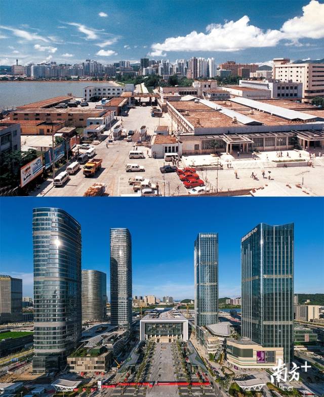 上圖：上世紀(jì)80年代的拱北口岸原聯(lián)檢樓；下圖：2020年，珠海橫琴口岸新大樓拔地而起并投入使用