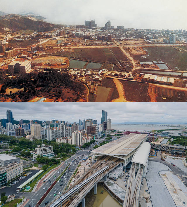上圖：1984年正在建設(shè)中的拱北區(qū)。洪漢波 攝；下圖：2020年，城軌正在駛出拱北珠海站