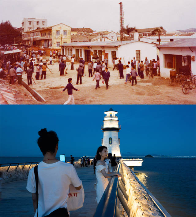 上圖：1981年，香洲城區(qū)舊貌；下圖：2020年，香洲情侶路邊的愛情燈塔，成為市民游客游玩的熱門景點(diǎn)