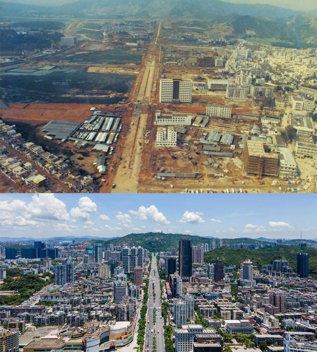 上圖：1984年，動(dòng)工建設(shè)的拱北迎賓大道；下圖：2020年，北望板樟山，沿著迎賓大道發(fā)展的珠海市區(qū)