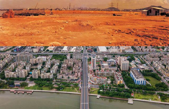 上圖：1988年，拱北夏灣正在平整土地；下圖：2020年，珠海市夏灣