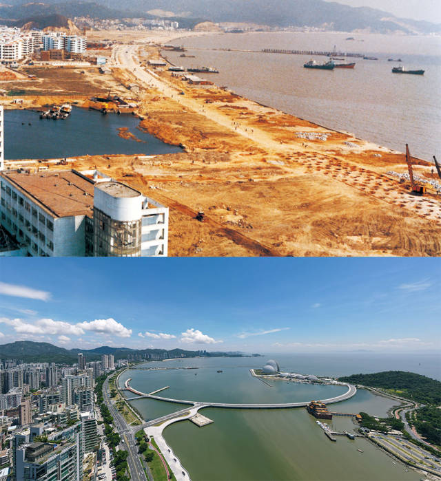 上圖：1991年，香洲灣情侶中路在建設(shè)中；下圖：2020年，香洲灣情侶路今景。外海處的日月貝大劇院成為珠海的新地標(biāo)