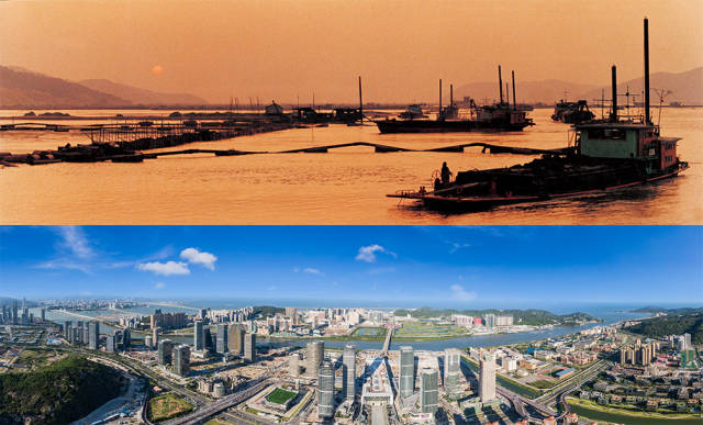 上圖：1992年，橫琴島經(jīng)過(guò)科學(xué)論證與規(guī)劃，開始大規(guī)模圍海造地；下圖：2020年，珠海橫琴新區(qū)全貌