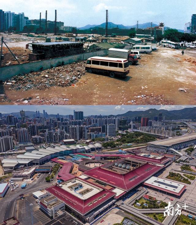 上圖： 1991年拱北口岸廣場(chǎng)原貌；下圖：2020年，拱北口岸仍是兩地交流的大門