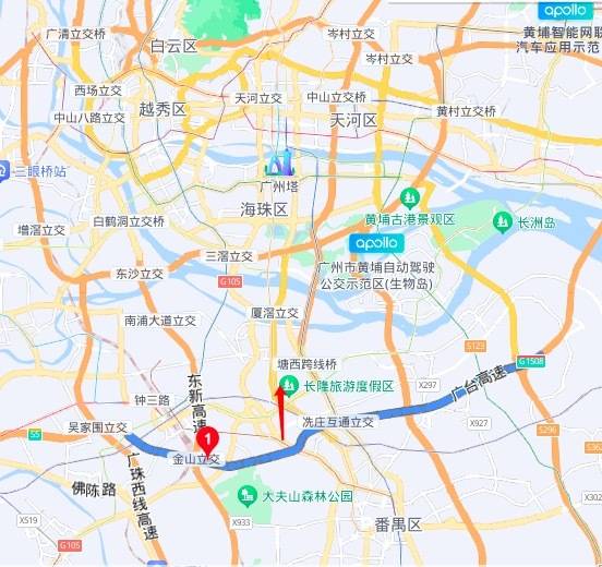藍色曲線為廣臺高速，紅色箭頭為廣臺高速以北番禺地區(qū)。