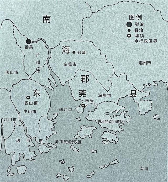 唐代東莞縣轄區(qū)圖。來源：《深圳古代史》，陳海濱 著，深圳報(bào)業(yè)集團(tuán)出版社2015年1月第一版。