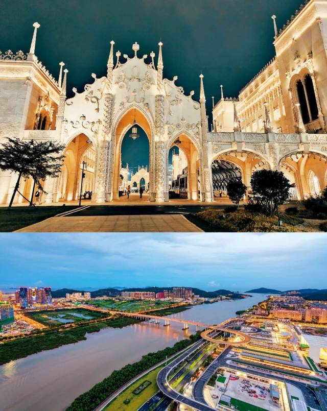 上圖：航拍珠海灣仔、橫琴和澳門(mén)。中圖：勵(lì)駿龐都廣場(chǎng)。下圖：蓮花大橋。本版圖/視覺(jué)中國(guó) IC