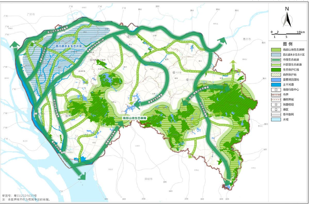 東莞將構建以南部連綿山體為屏障、以西北部水鄉河網及濕地為重要生態區、以各級生態廊道為脈絡的“一屏一區多廊”生態安全格局，推動生態空間與城市藍綠系統相聯通，與農業空間相融合，提高生態網絡的連通性。
