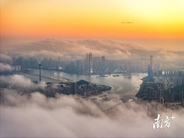 日落時(shí)分，俯瞰云海下的澳門與橫琴金融島。南方+拍客 陳爍明 攝