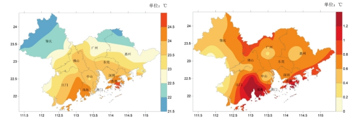 左圖為2024年大灣區平均氣溫分布（℃），右圖為2024年大灣區平均氣溫距分布（℃）