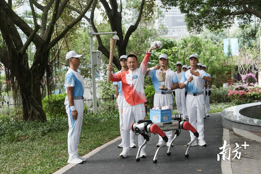 1月2日上午，十五運會火炬傳遞活動上“機器狗”現身深圳，將全運會吉祥物交給火炬手。