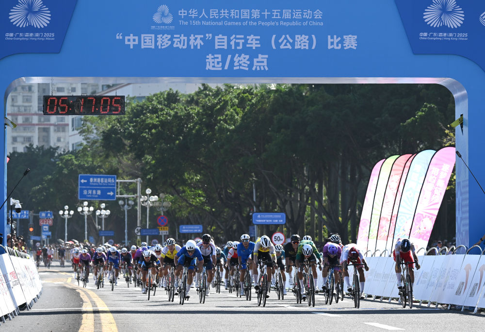 11月8日，第十五屆全國運動會公路自行車男子個人賽參賽選手在比賽中沖向終點。新華社記者 連振 攝